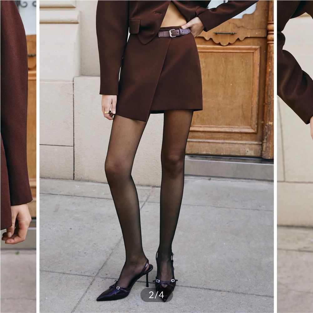 Commense Retro Belted Zipper Skirt chocolate brown faux wrap asymmetric XS nwt - Picture 2 of 8